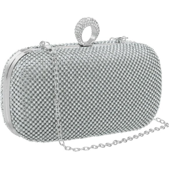 Women Silver Sparkly Rhinestone Evening Clutch Purse Crystal Ring Clasp Handbag - Picture 1 of 6